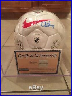 MIA HAMM AUTOGRAPHED SOCCER BALL with Steiner Sports Authentication & Display Case
