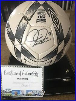 Mia Hamm Autographed Size 5 Umbro Soccer Ball With C. O. A. + Display Case