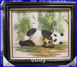 Panda Play Soccer Ball Bamboo Tree 24 Canvas Framed Oil Painting Art Gift 953
