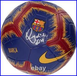 Ronaldinho Barcelona Autographed Red and White Logo Soccer Ball
