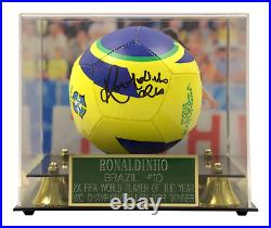 Ronaldinho Signed Nike Soccer Ball with Display Case & Photo Print Beckett COA